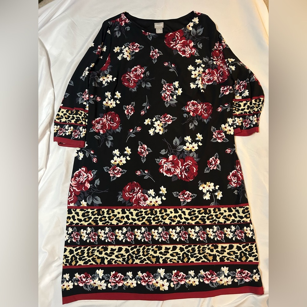Chicos Sz 3 Super Stretchy Floral Dress Business Tropical Leopard 3/4 Sleeve